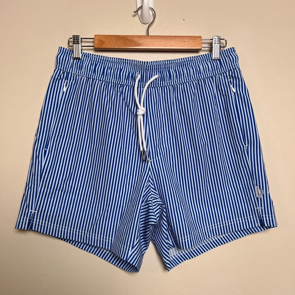 NWT Maamgic Men's Swim Trunks Compression Medium Blue Striped Zip Pockets Beach